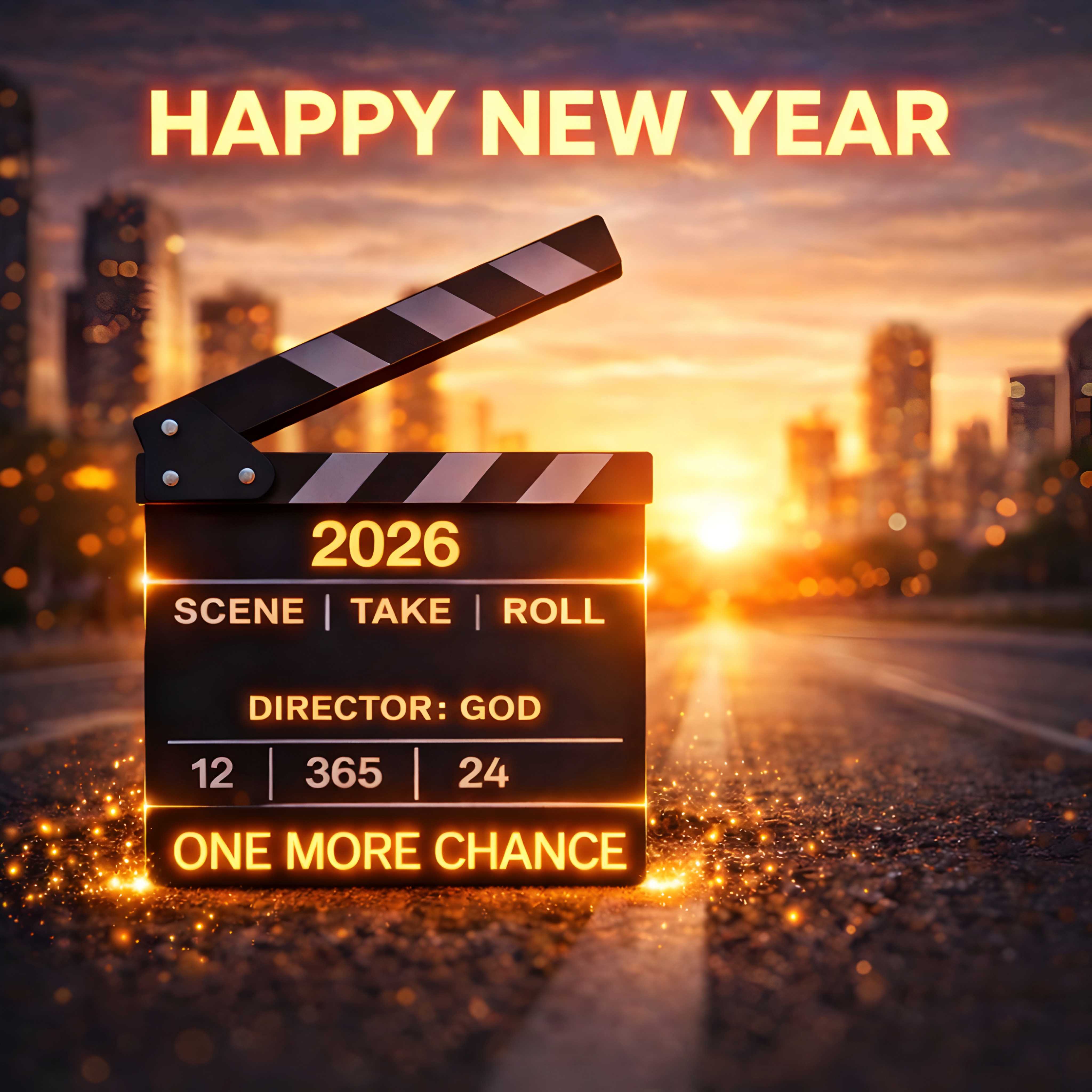 Happy New Year 2026 wishes image with motivational clapperboard "One More Chance"