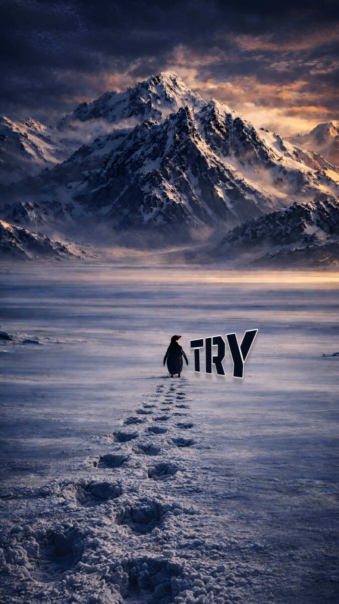 A lone penguin walking across icy snow toward tall mountains with a motivational text "try" in the background, cinematic and minimal, This wallpaper are best for penguin but why trend.