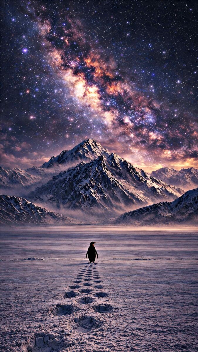 A lone penguin walking across icy snow toward tall mountains with cosmic sky, cinematic and minimal. This wallpaper is best for "penguin but why" trend.