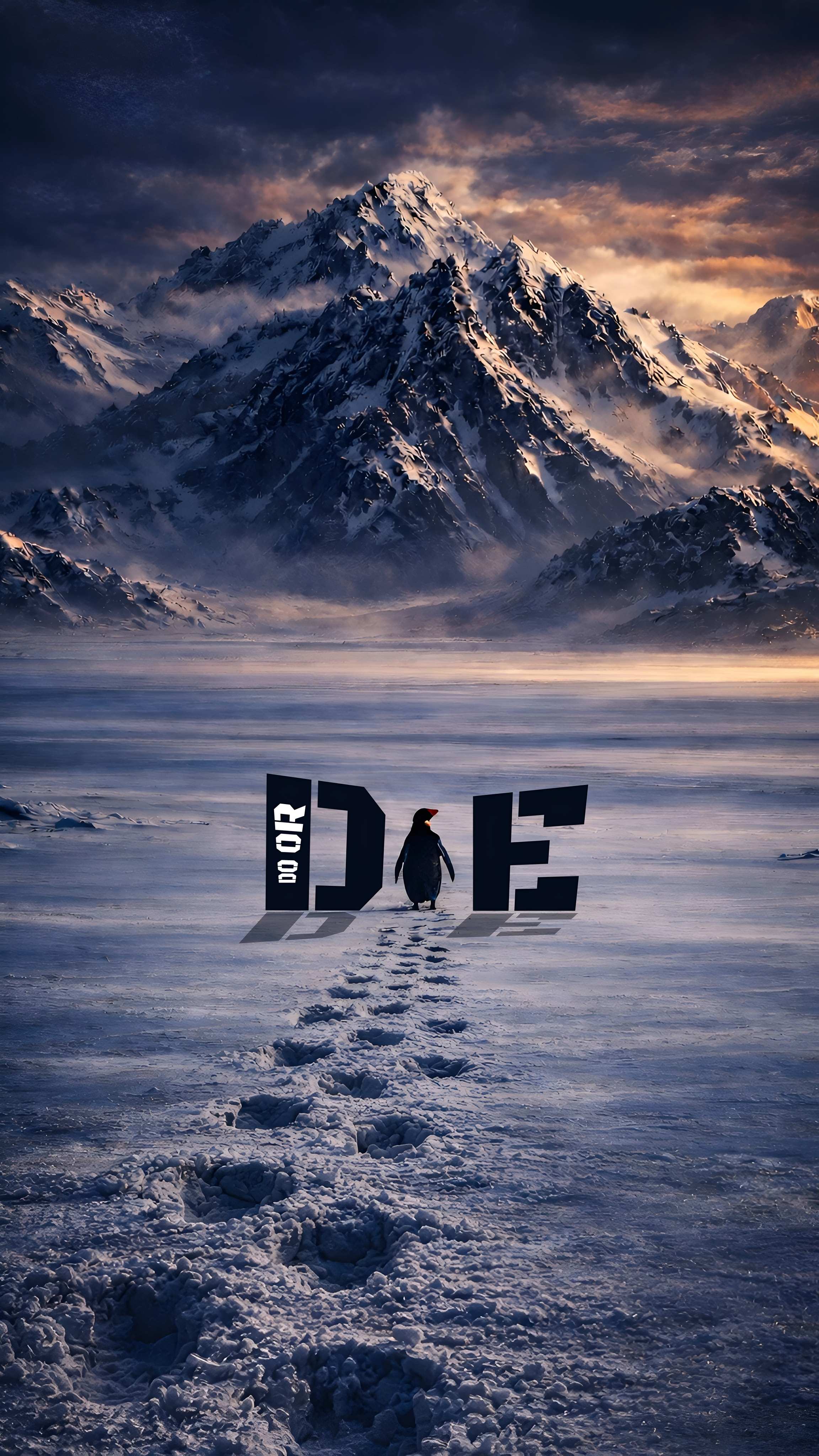A lone penguin walking across icy snow toward tall mountains with a motivational text "do or die" in the background, cinematic and minimal, This wallpaper is best for "penguin but why" trend.