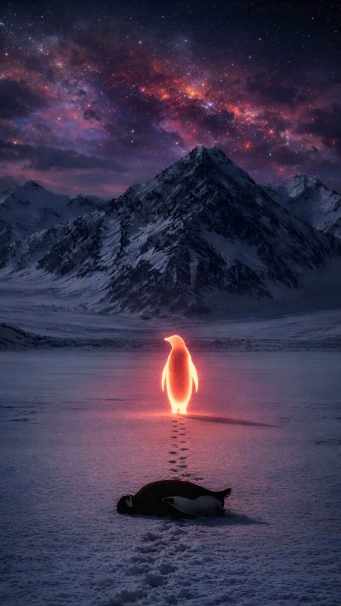 A lone glowing penguin walking alone on icy landscape at night with Mahadev appearing in the cosmic sky, symbolizing journey can't stopped, this wallpaper is best for "penguin but why" trend.
