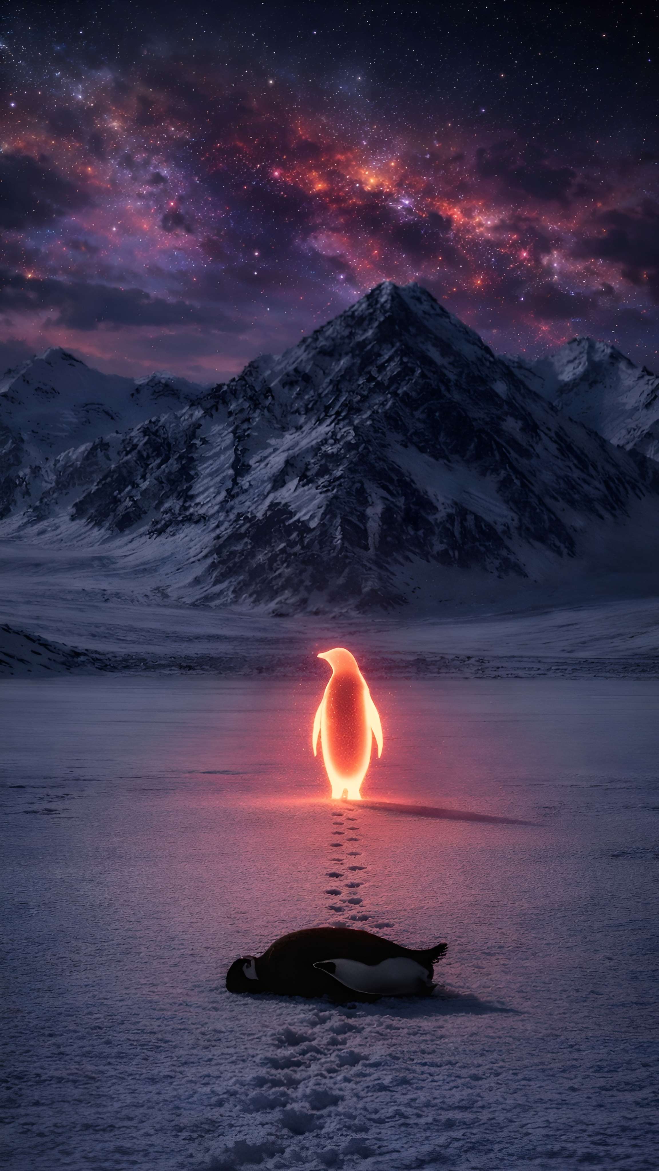 A lone glowing penguin walking alone on icy landscape at night with Mahadev appearing in the cosmic sky, symbolizing journey can't stopped, this wallpaper is best for "penguin but why" trend.