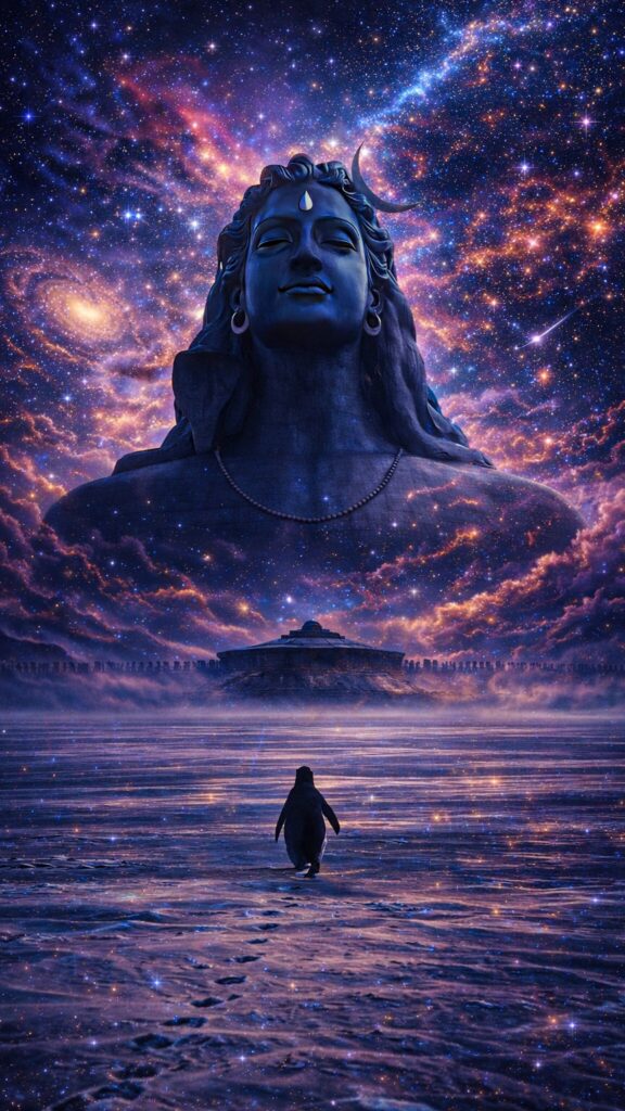 A lone penguin walks across an icy landscape at night, with Mahadev appearing in the cosmic sky, This wallpaper is perfect for the “penguin but why” trend.