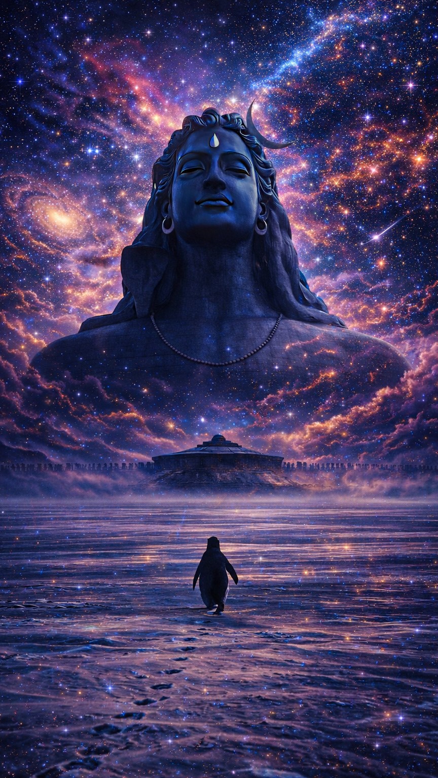 A lone penguin walks across an icy landscape at night, with Mahadev appearing in the cosmic sky, This wallpaper is perfect for the “penguin but why” trend.
