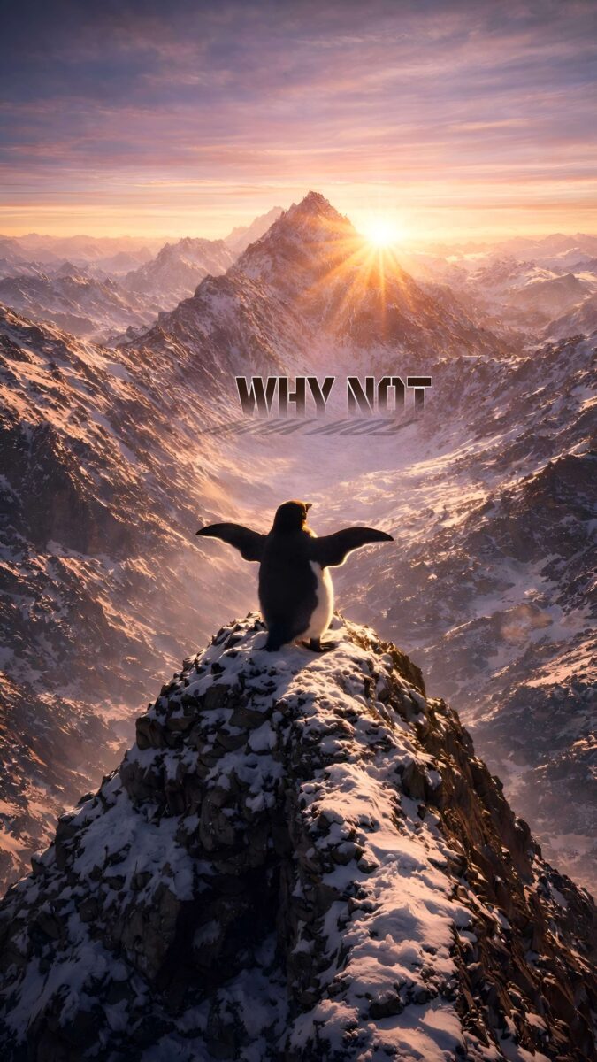A lone penguin standing on an icy peak, facing tall mountains at sunrise, with motivational text “But Why,” cinematic and minimal. This wallpaper is best for the “penguin but why” trend.