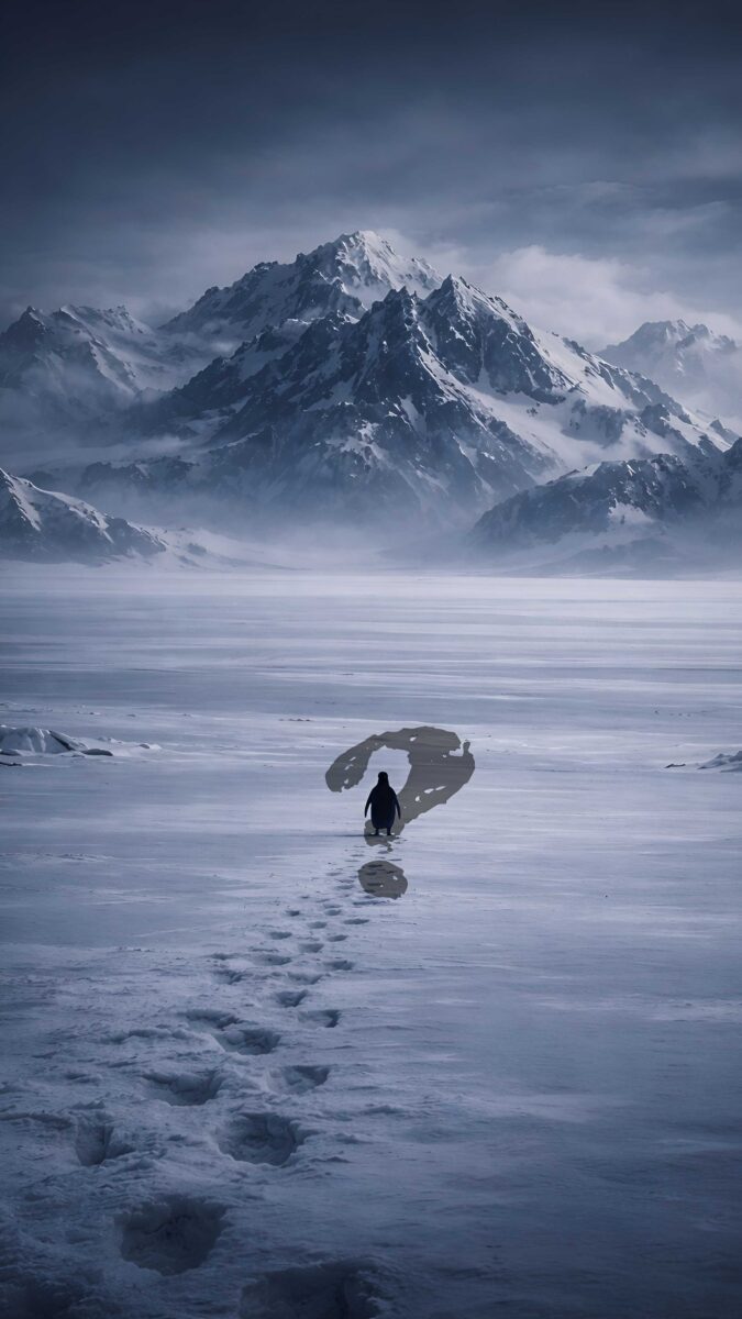 A lone penguin walking across icy snow toward tall mountains with a subtle question mark shape in the background, cinematic and minimal, This wallpaper is best for "penguin but why" trend.
