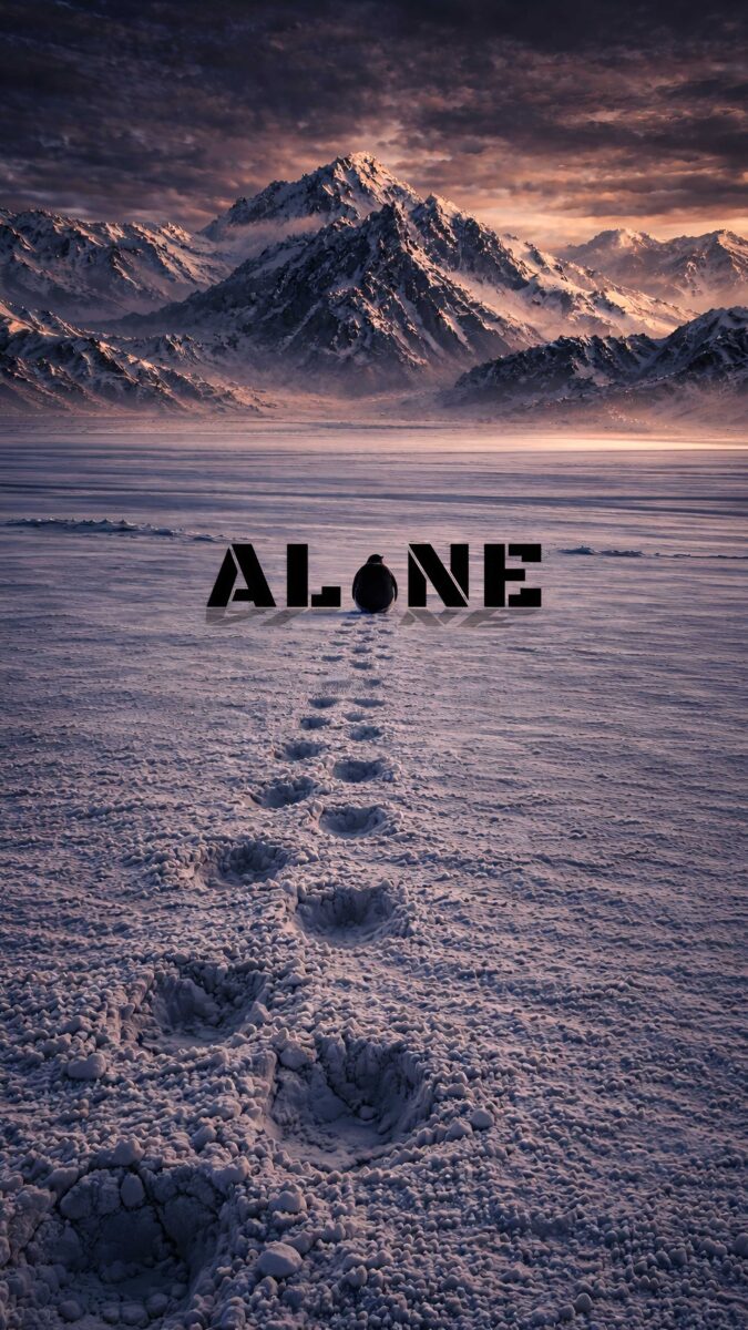 A lone penguin walking across icy snow toward tall mountains with a motivational text "Alone" in the background, cinematic and minimal, This wallpaper is best for "penguin but why" trend.
