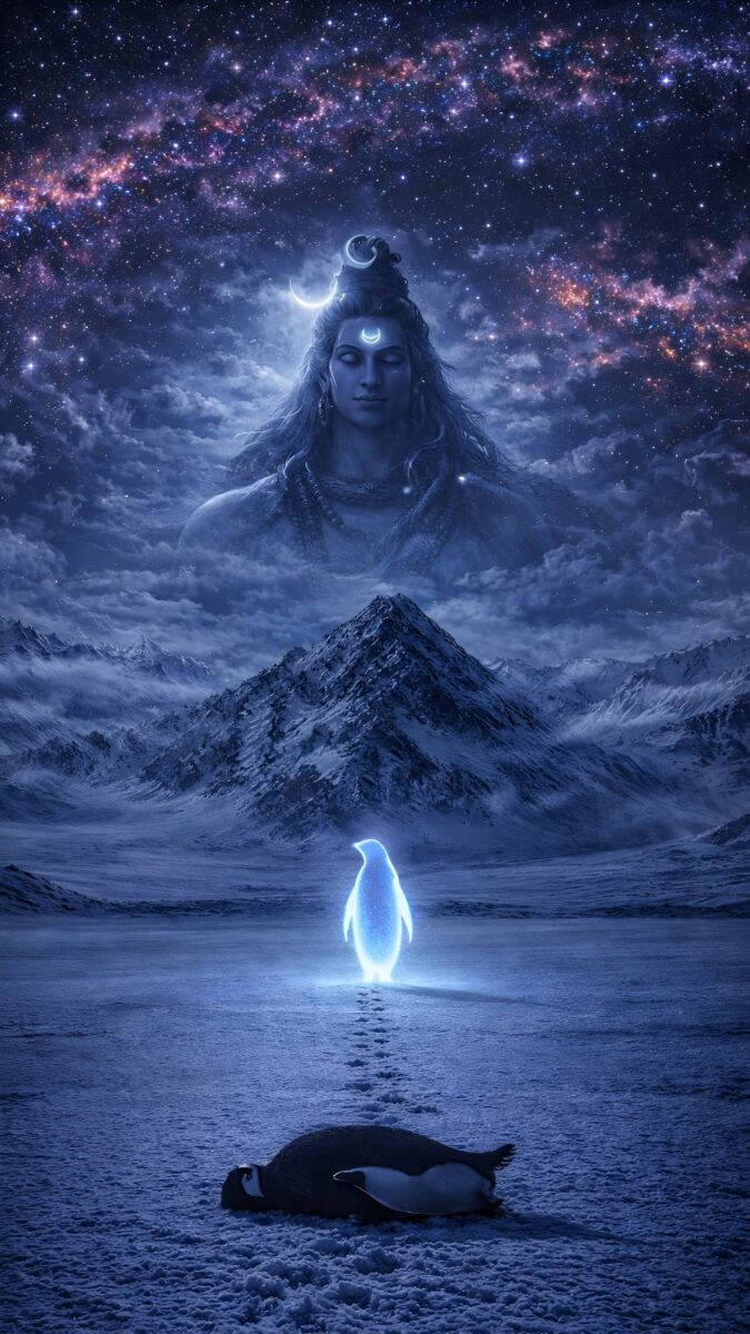 A lone glowing penguin walks across an icy landscape at night, with Mahadev appearing in the cosmic sky, symbolizing that the journey can’t be stopped. This wallpaper is perfect for the “penguin but why” trend.