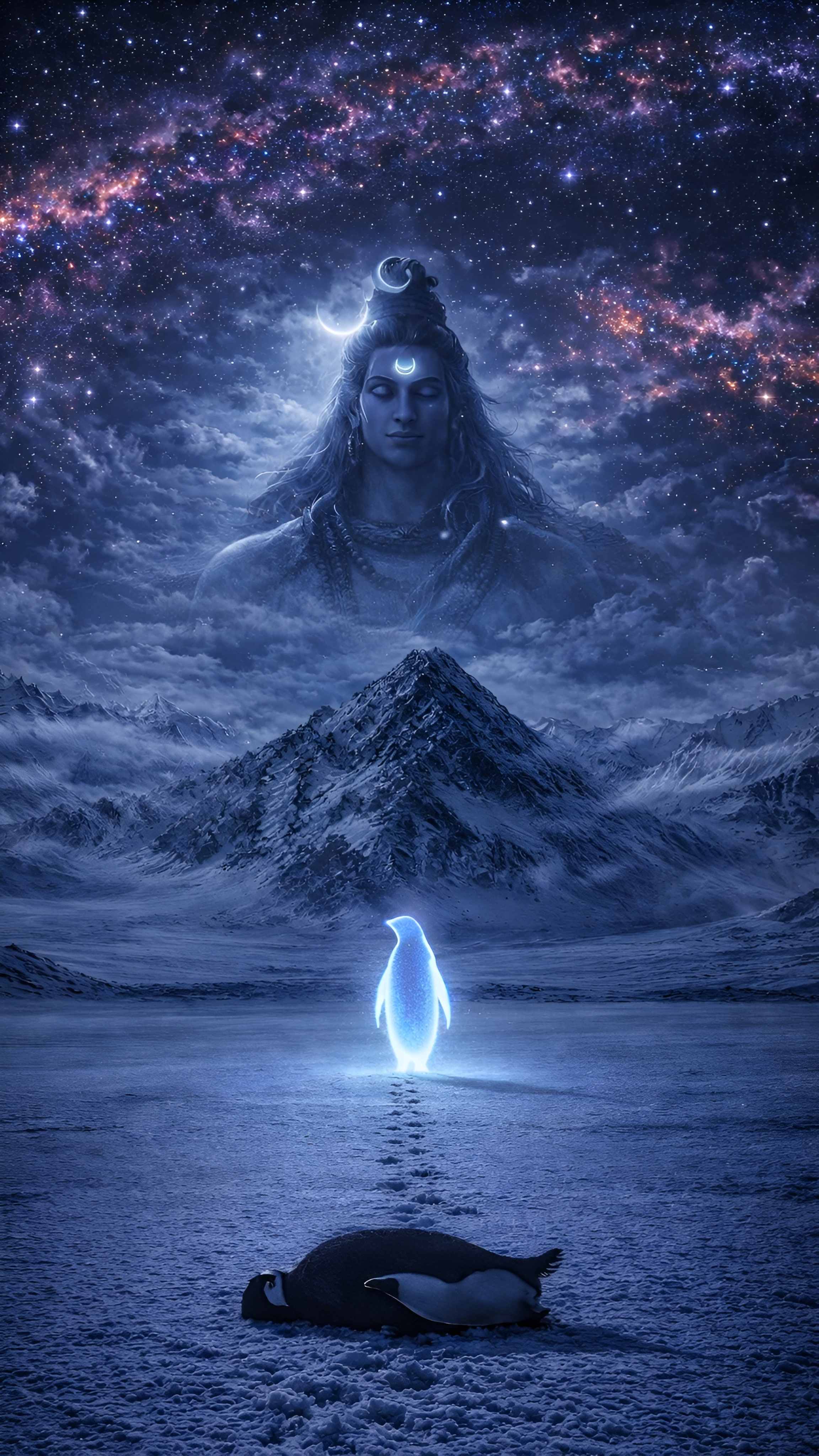 A lone glowing penguin walks across an icy landscape at night, with Mahadev appearing in the cosmic sky, symbolizing that the journey can’t be stopped. This wallpaper is perfect for the “penguin but why” trend.