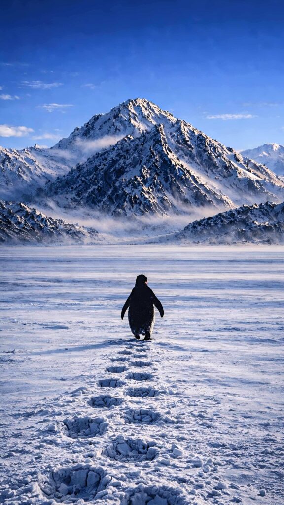 A lone penguin walking across icy snow toward tall mountains, cinematic and minimal. This wallpaper is best for "penguin but why" trend.