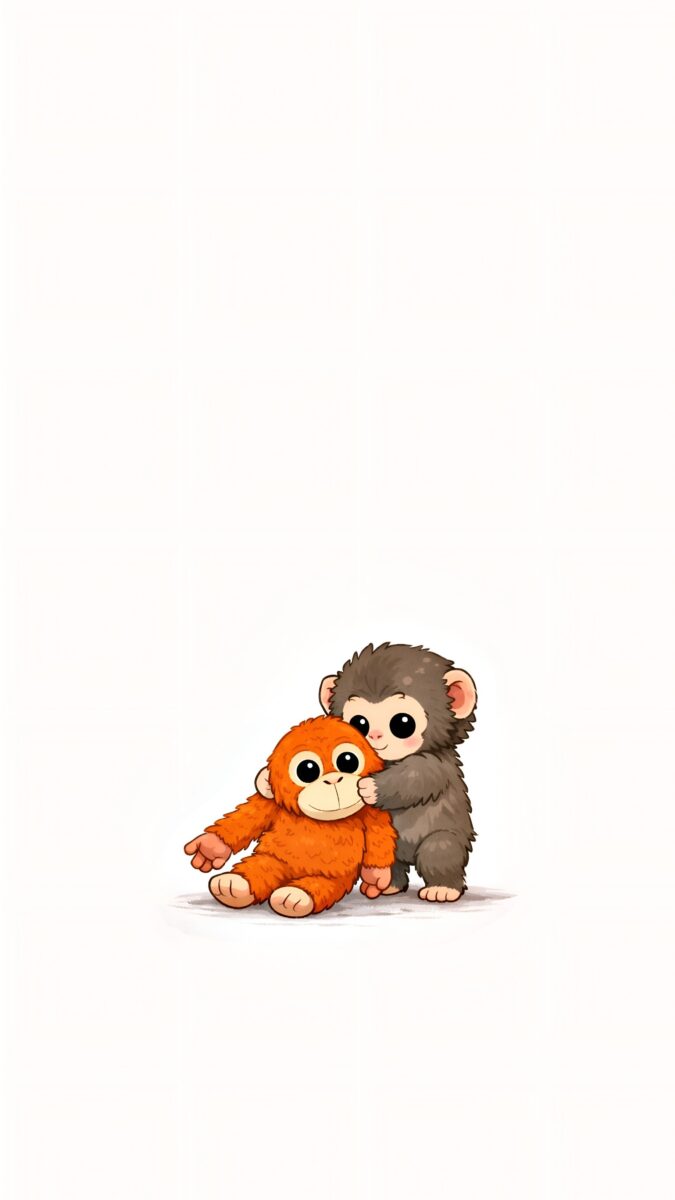 A cute baby monkey gently hugging an orange plush toy. This image and wallpaper are perfect for the "punch the monkey" and "punch baby monkey" trend.