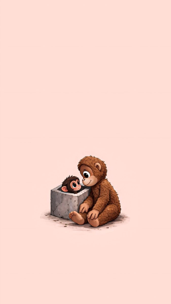 A cute baby monkey peeking out from a cement block beside a plush monkey toy. This image and wallpaper are perfect for the “punch the monkey” and “punch baby monkey” trend.
