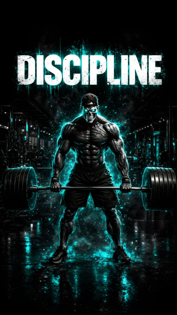 hd image and wallpaper of a muscular bodybuilder lifting a heavy barbell in a colorful gym with motivational tex "discipline", perfect for colorful gym wallpaper, gym motivation, fitness, workout wallpaper.