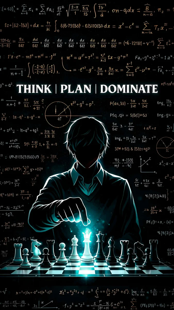 HD dark motivational wallpaper with black background, chess board, glowing pieces and quote “Think Plan Dominate”.