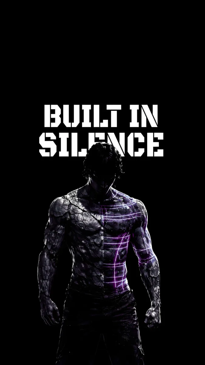 HD gym wallpaper featuring a muscular man with the quote “Built in Silence” for fitness and bodybuilding motivation.