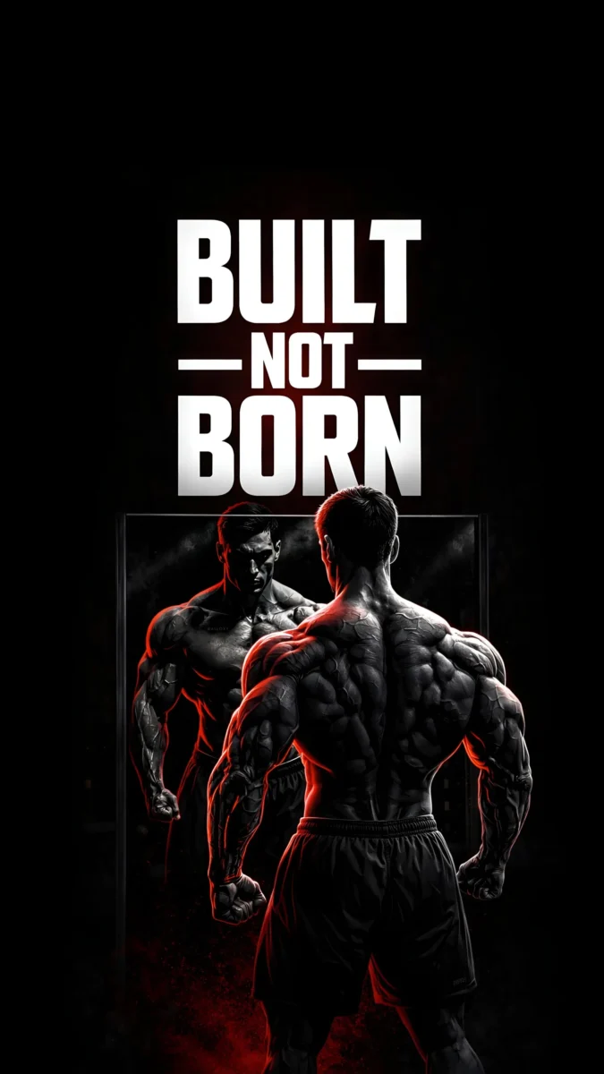 hd image and wallpaper of a muscular gym boy standing in front of a mirror in a dark black gym with “Built Not Born” motivational text, perfect for gym motivation wallpaper, bodybuilding wallpaper, fitness wallpaper, and workout wallpaper.