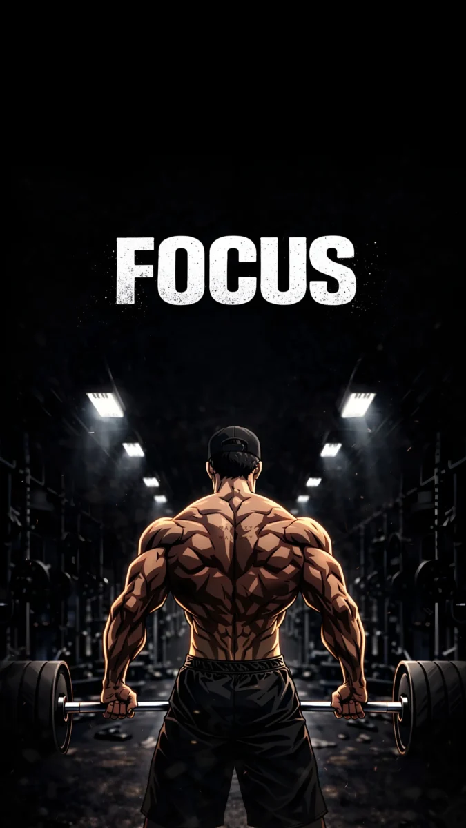 hd image and wallpaper of a muscular gym boy lifting a barbell in a dark gym with motivational “Focus” text, perfect for gym wallpaper, workout wallpaper, fitness wallpaper, and bodybuilding wallpaper.