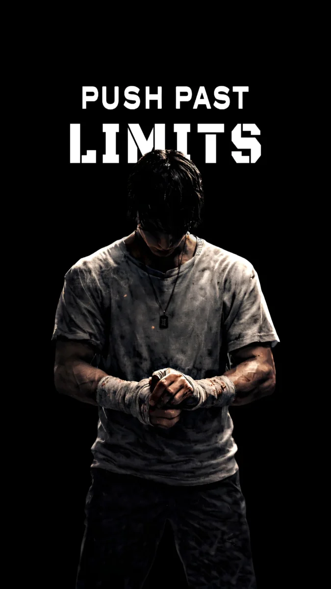 Hd image and wallpaper of a gym boy in dark black background with push past limits quotes text, perfect for gym motivation wallpaper and fitness wallpaper.