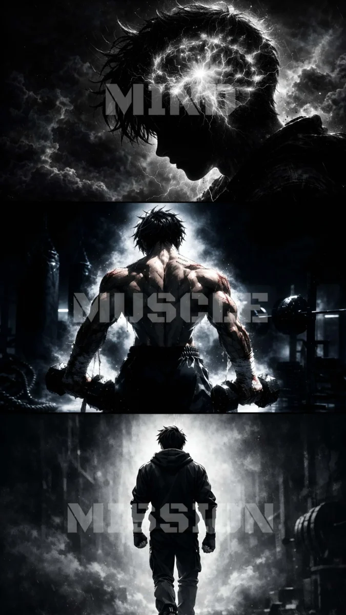 Hd image and wallpaper of a gym boy in a dark training space with mind, muscle, and mission scenes, perfect for gym motivation wallpaper and workout wallpaper.