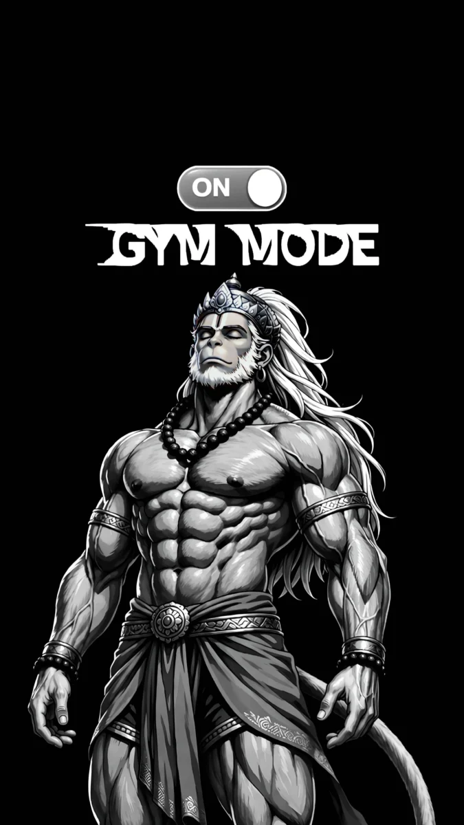 Hd image and wallpaper of a muscular Lord Hanuman illustration on a black background with gym mode text, perfect for hanuman gym wallpaper and gym motivation wallpaper, gym wallpaper.