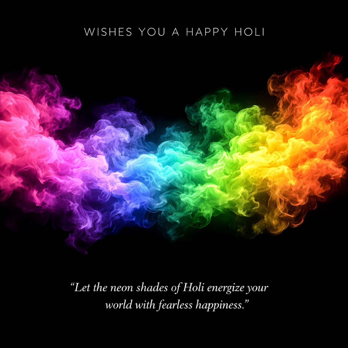 Elegant Happy Holi quotation image with English wishes and colorful anf black background.