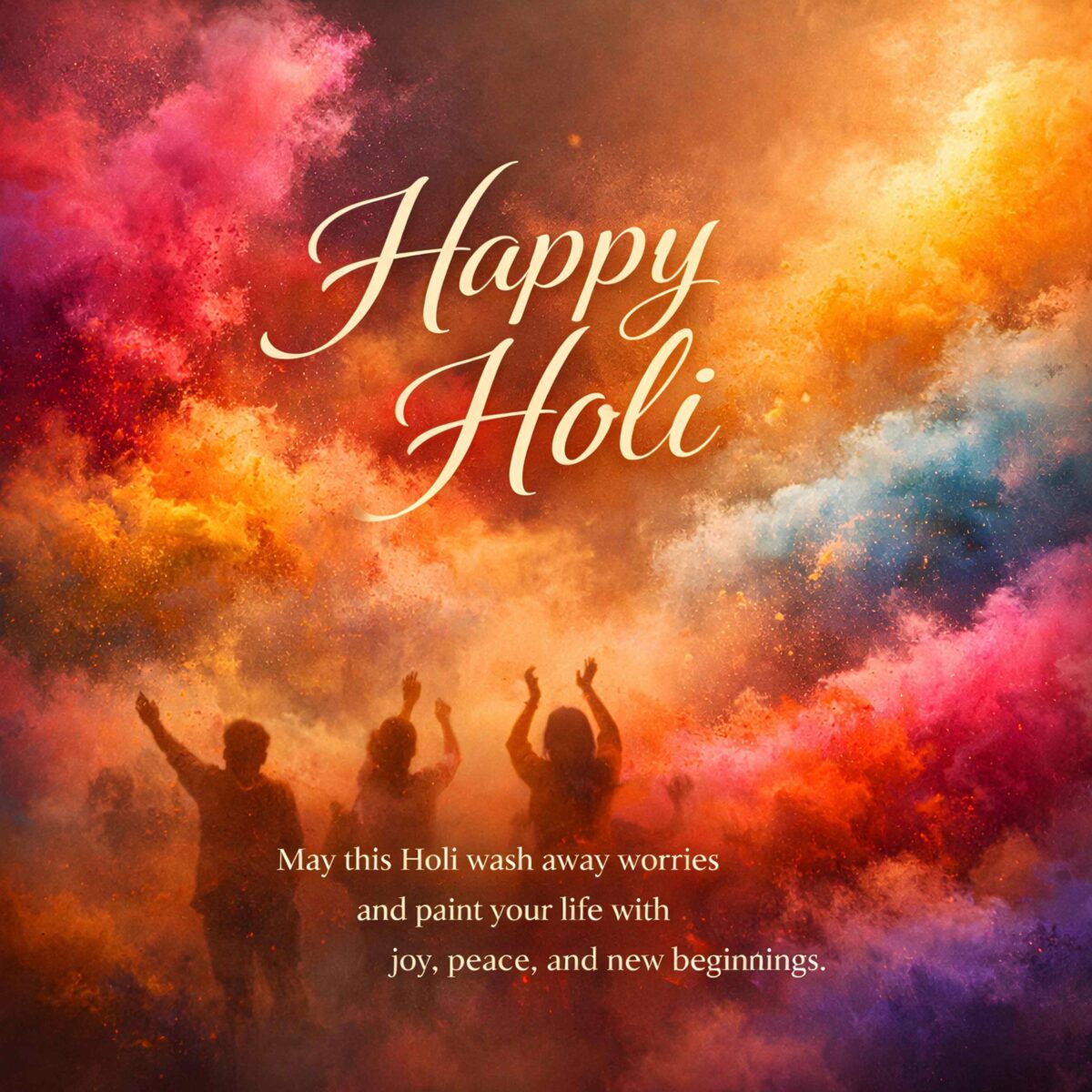 Inspirational Happy Holi quotes in English with vibrant Holi celebration background.