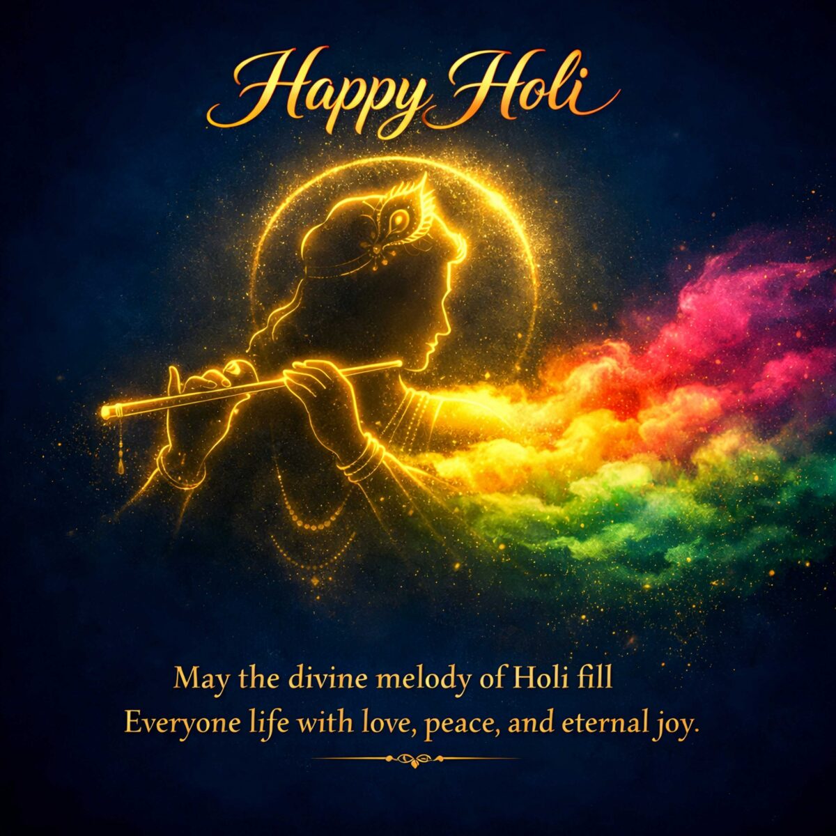 Happy Holi wishes HD image with devine colorful Holi celebration quotes and gold krishna and gulal background.
