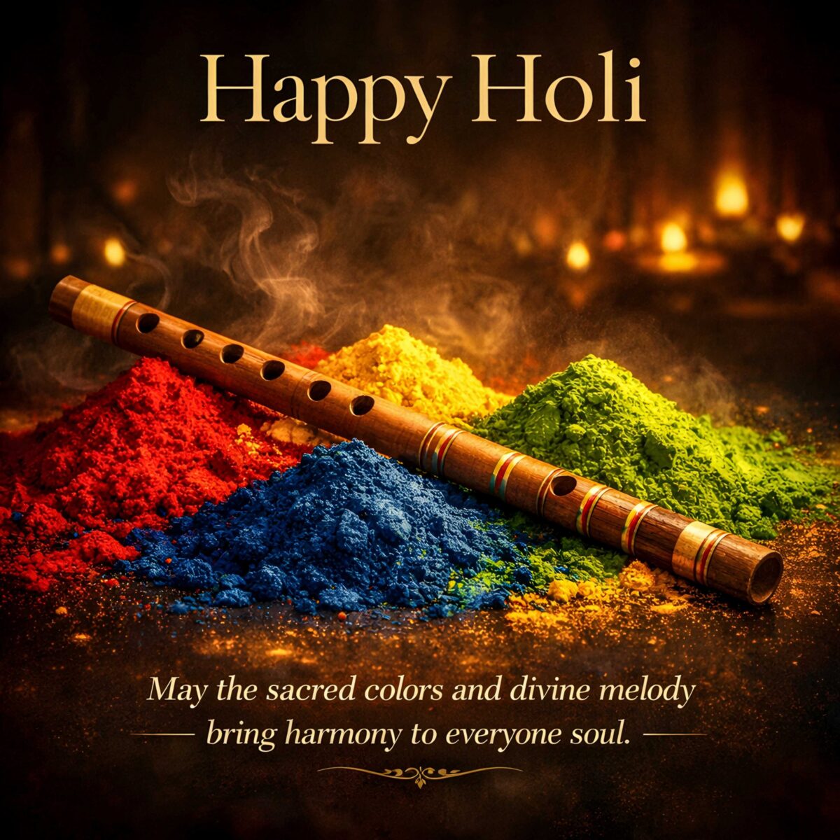 Holi quotes in English with Happy Holi wishes HD, featuring a flute and gulal background.