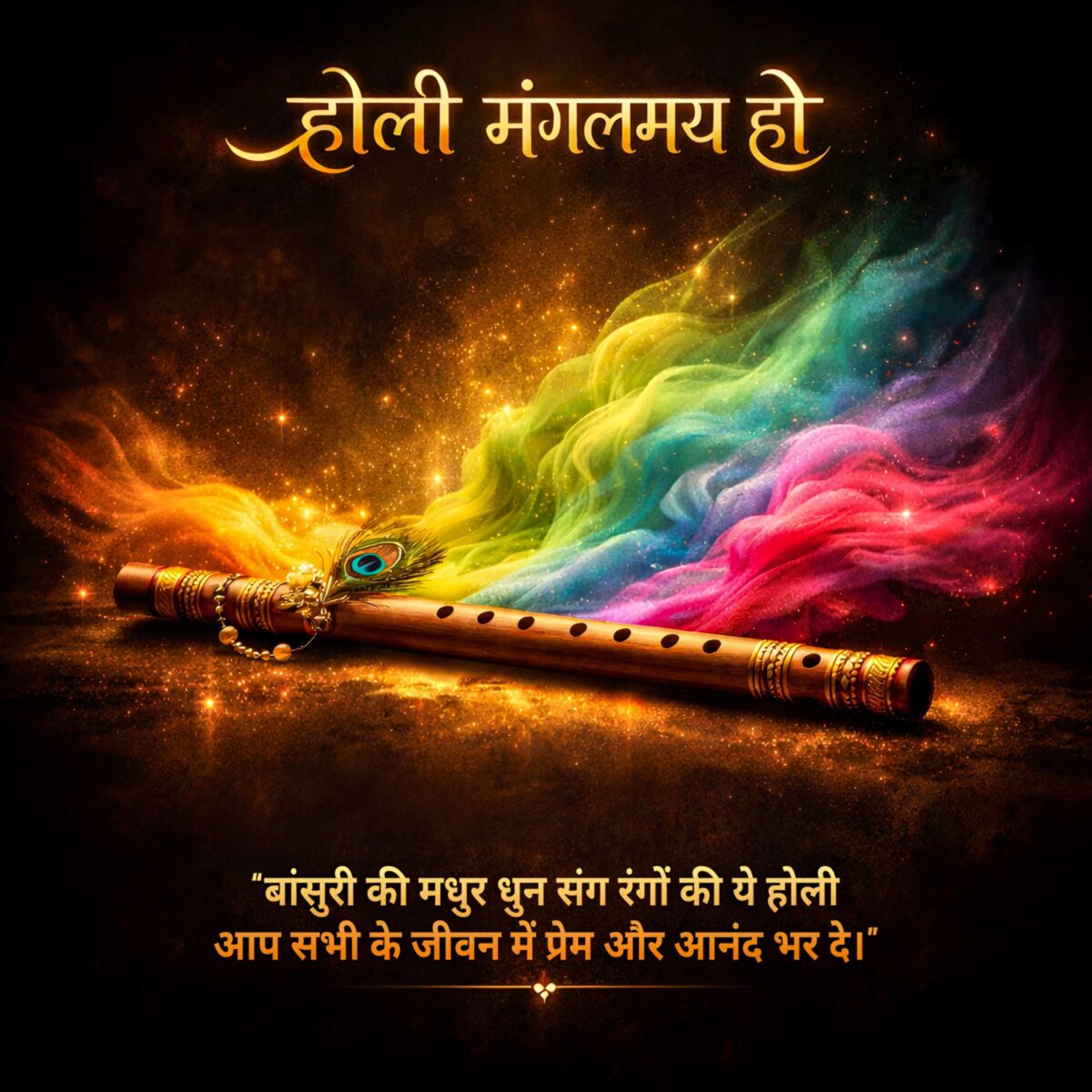 Beautiful Holi wishes in Hindi with colorful and flute background and "होली मंगलमय हो " Happy Holi Hindi wishes text.