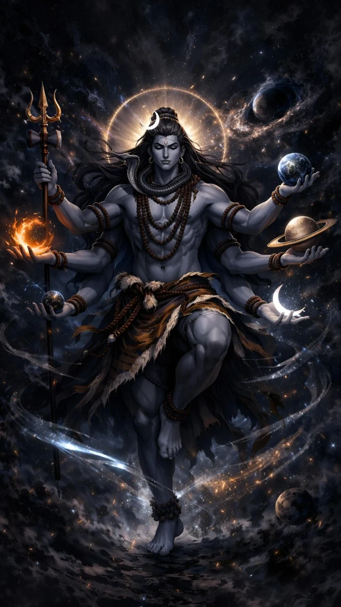 hd image and wallpaper of bholenath cosmic form with multiple arms and planets, best for bholenath wallpaper, bholenath pic and bholenath photo.