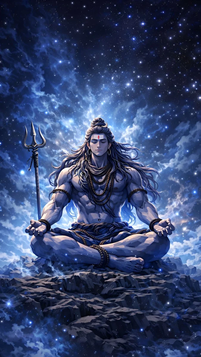 hd image and wallpaper of bholenath meditating in cosmic sky with stars, best for bholenath wallpaper, bholenath pic and bholenath photo.