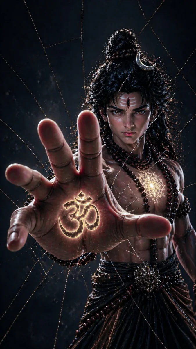 hd 3d image and wallpaper of Lord Shiva with a glowing Om symbol in his hand and a cracked screen effect, perfect for lord shiva images 3d, shivan photos 3d, and shiva 3d wallpaper.