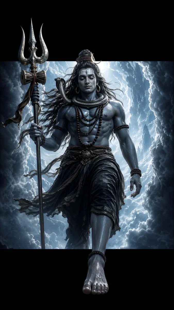 hd 3d image and wallpaper of Lord Shiva walking through a dramatic cloud portal with trishul, perfect for lord shiva images 3d, shiva 3d wallpaper, and lord shiva 3d wallpaper.