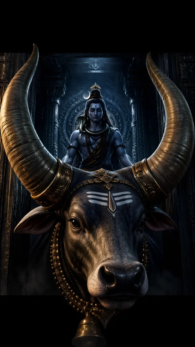 hd 3d image and wallpaper of mahadev with nandi in a dark temple, perfect for mahadev 3d wallpaper, mahadev 3d photo, mahadev images 3d.