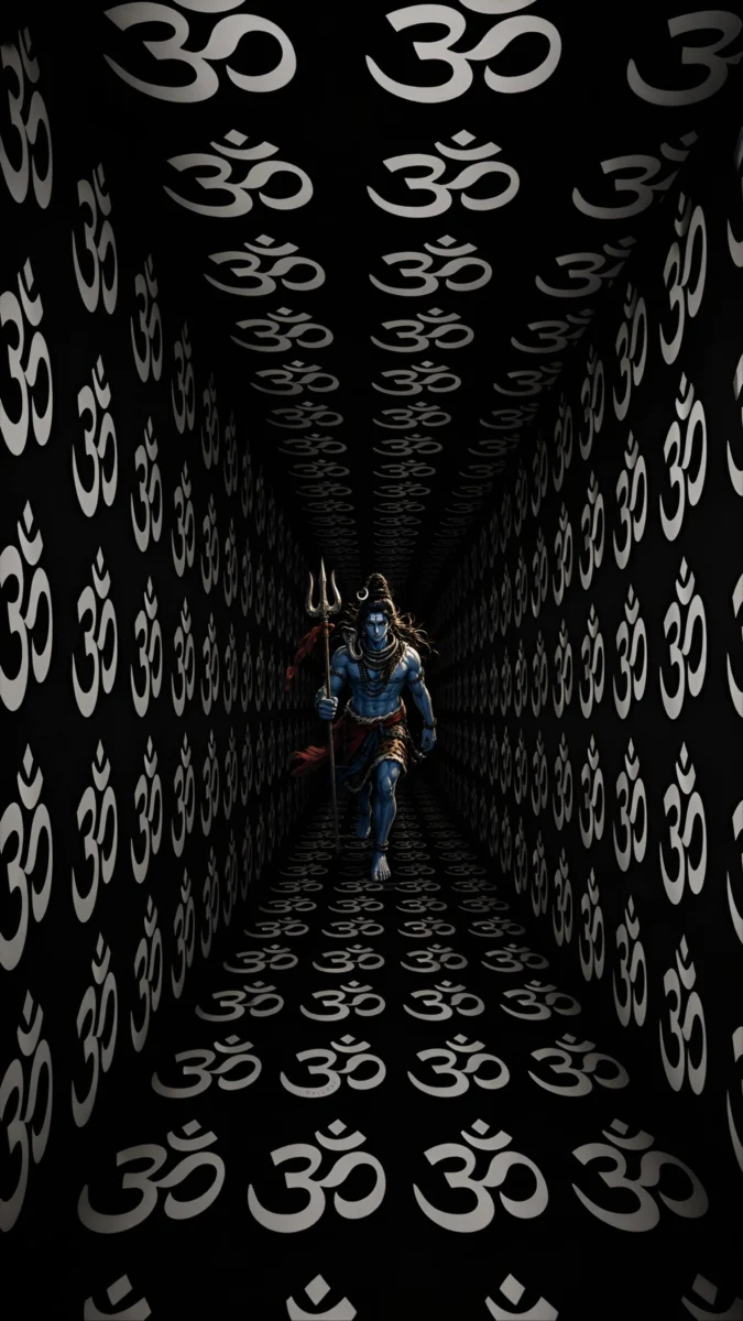 hd 3d image and wallpaper of Mahadev walking inside a dark Om symbol tunnel, perfect for mahadev 3d wallpaper, shiva 3d images, and lord shiva images 3d.
