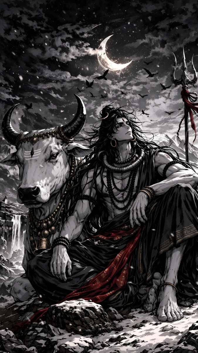 hd image and wallpaper of mahadev sitting with nandi under moon night sky, best for mahadev wallpaper, mahadev pic wallpaper and mahadev photo hd