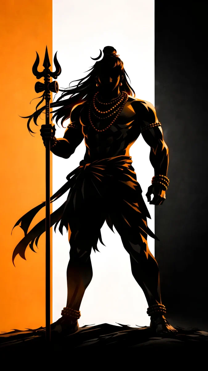 hd image and wallpaper of mahadev silhouette with trishul on orange black background, best for mahadev wallpaper, mahadev pic wallpaper and mahadev photo hd.
