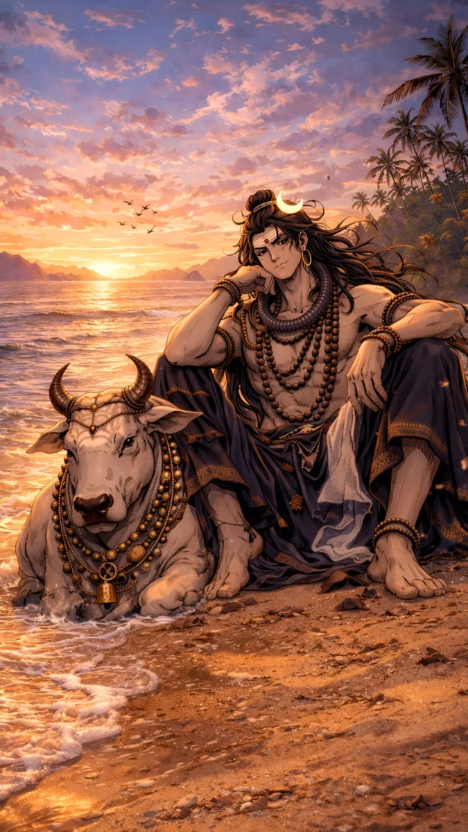 hd image and wallpaper of mahadev sitting with nandi on beach at sunset, best for mahadev wallpaper, mahadev pic wallpaper and mahadev photo hd.