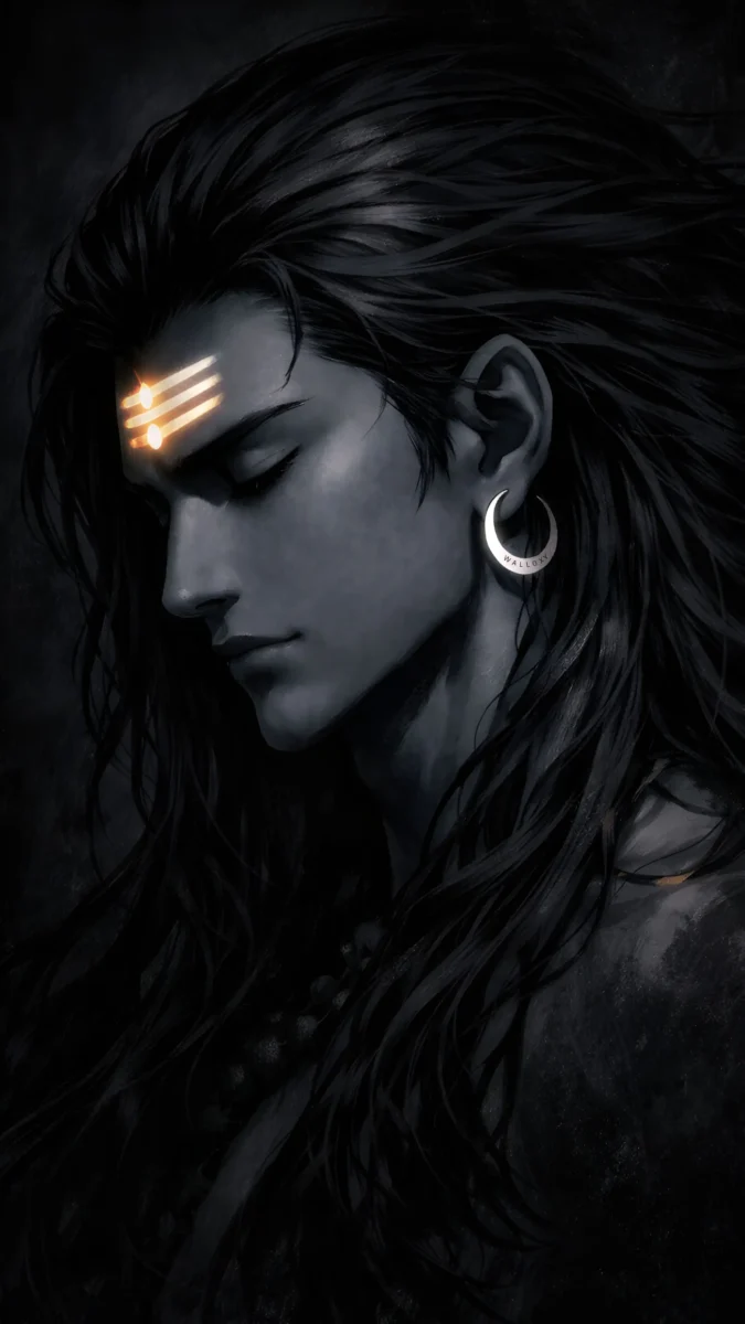 hd image and wallpaper of mahadev side profile with glowing tilak on dark black background, best for mahadev wallpaper, mahadev pic wallpaper and mahadev photo hd.