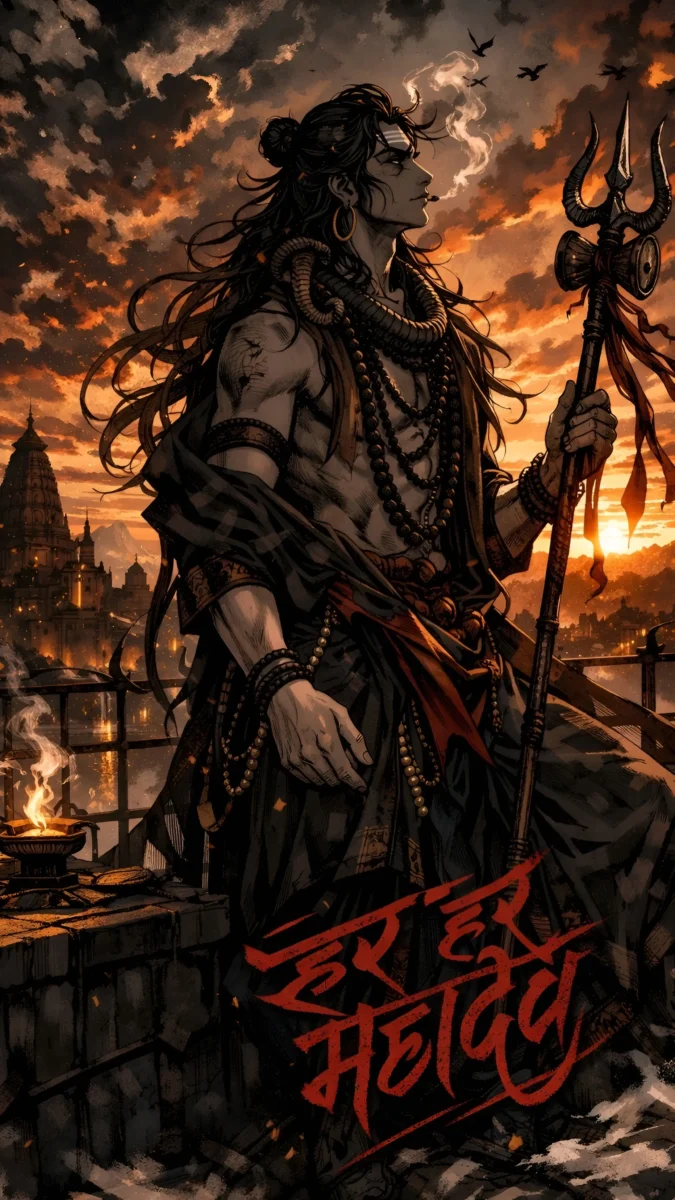 hd image and wallpaper of mahadev holding trishul at sunset with city background, best for mahadev wallpaper, mahadev pic wallpaper and mahadev photo hd.