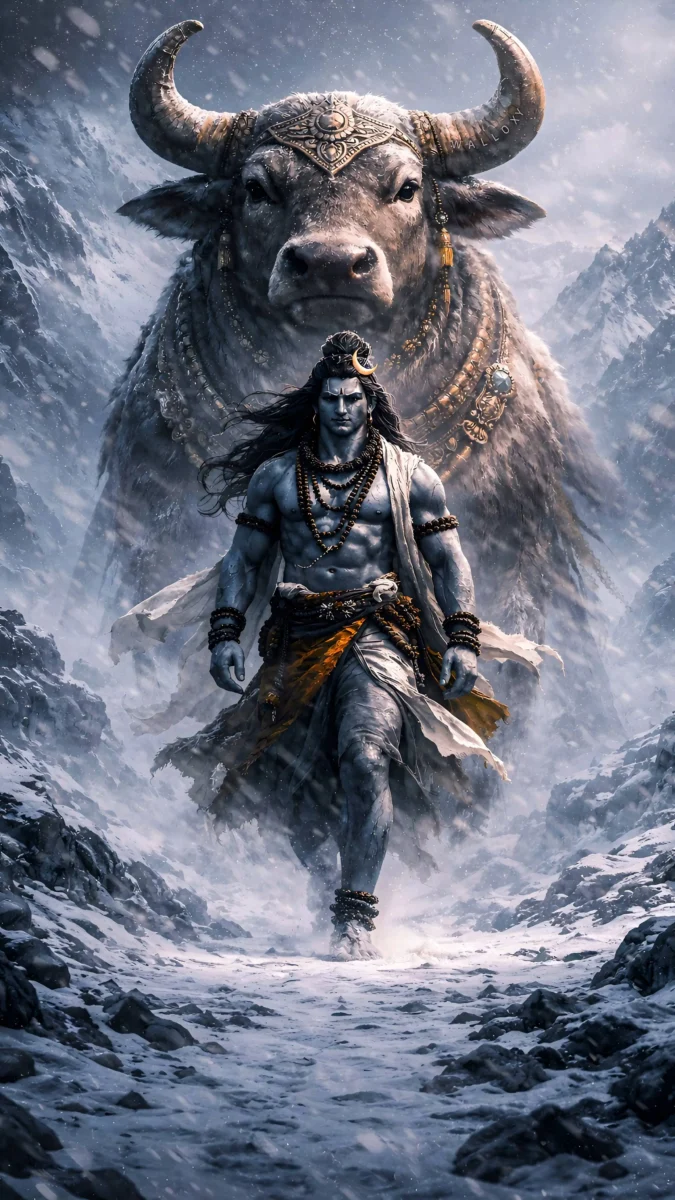 hd image and wallpaper of mahadev with nandi in snowy mountains, best for mahadev wallpaper, mahadev pic wallpaper and mahadev photo hd