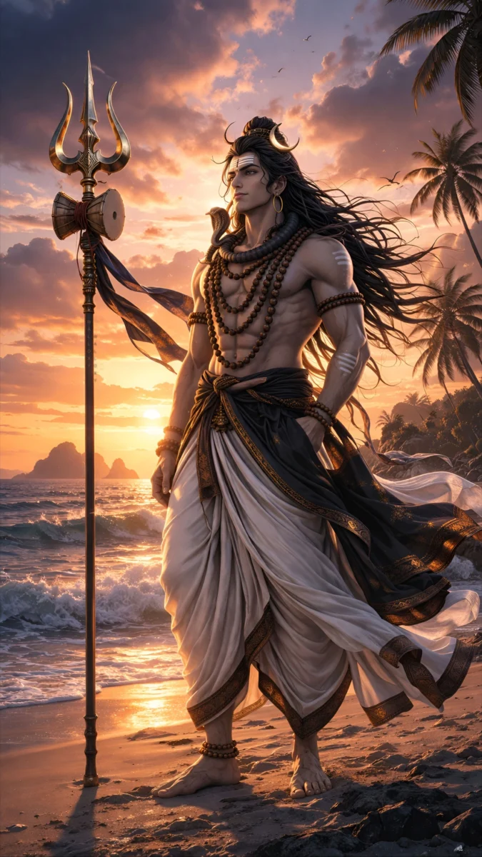 hd image and wallpaper of Mahadev standing on a beach at sunset with trishul, perfect for mahadev wallpaper hd 4k, shiva wallpaper 4k, shiv wallpaper hd 4k.