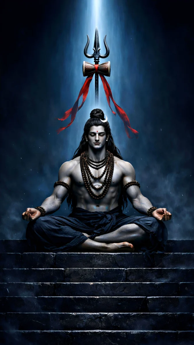 hd image and wallpaper of Mahadev meditating on stone stairs with trishul above, perfect for mahadev wallpaper hd 4k, shiva wallpaper 4k, shiv wallpaper hd 4k.