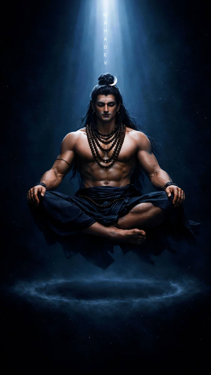 hd image and wallpaper of mahadev meditating in a floating pose under divine blue light, perfect for mahadev wallpaper hd 4k, mahadev wallpaper 4k