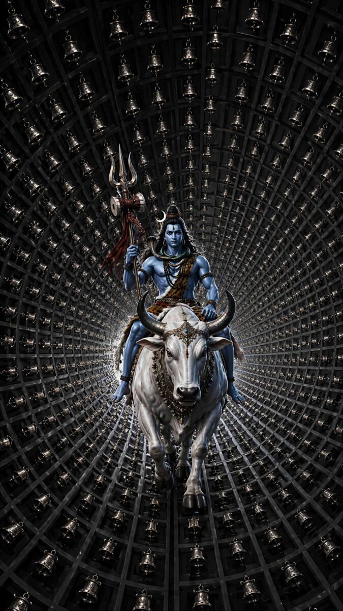 hd 3d image and wallpaper of Lord Shiva riding white Nandi inside a dark bell tunnel, perfect for shiv image 3d, shiva 3d wallpaper, and lord shiva images 3d.