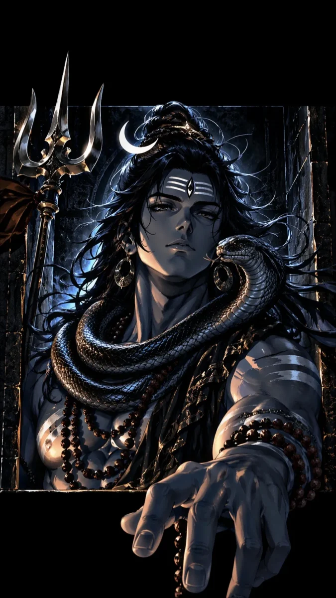 hd 3d image and wallpaper of Lord Shiva in a dark divine portrait with a snake around his neck and hand reaching forward, perfect for shiv image 3d, shiva shankar images 3d, and lord shiva images 3d.