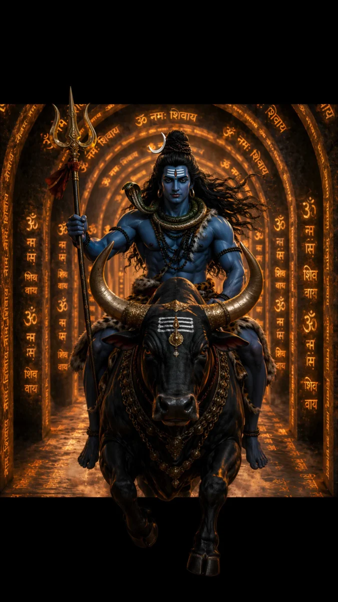 hd 3d image and wallpaper of Lord Shiva riding Nandi inside a glowing mantra tunnel, perfect for shiva 3d images, shiva 3d wallpaper, and lord shiva 3d wallpaper.