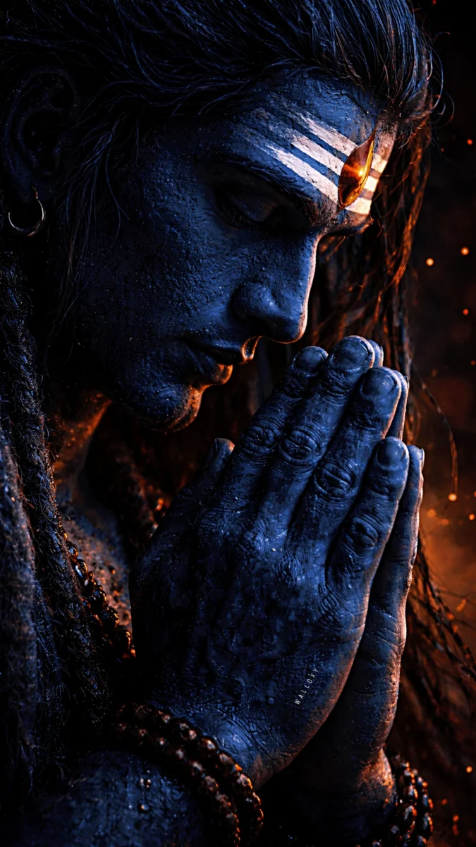 hd image and wallpaper of Lord Shiva in a deep prayer pose with glowing tilak, perfect for shiva wallpaper 4k and shiva hd wallpaper 4k.