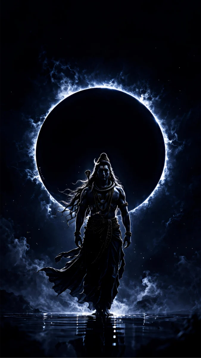 hd image and wallpaper of Lord Shiva walking in front of a dark eclipse, perfect for shiva wallpaper 4k and shiva 4k wallpaper.
