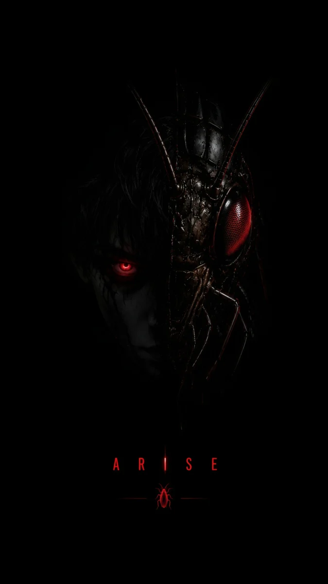 Hd image and wallpaper of a dark anime human and cockroach hybrid face with glowing red eyes on a black background, perfect for cockroach party, cockroach image, and cockroach party photo.